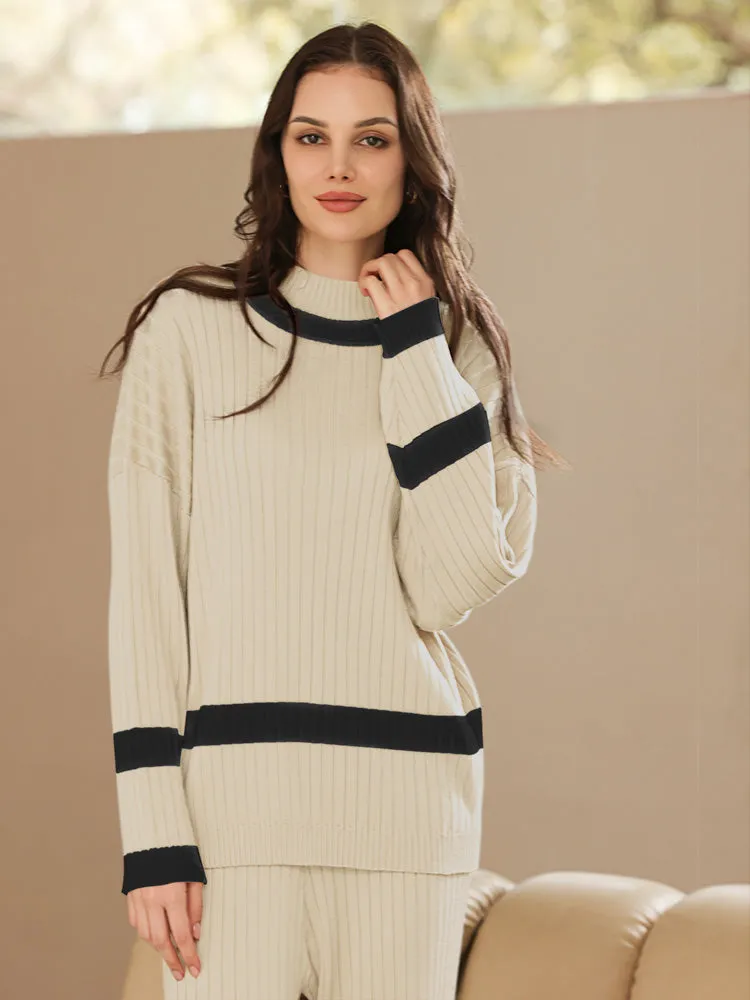 Women 2 Piece Knitted Outfits Stripe Casual Pajamas Sweatsuit