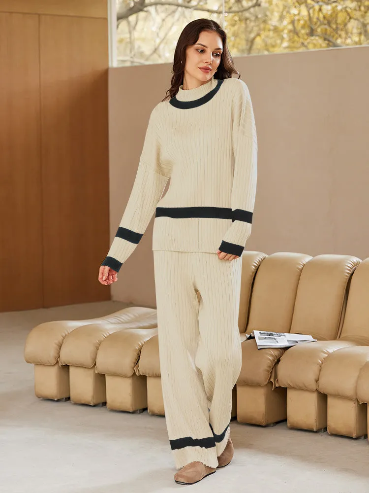 Women 2 Piece Knitted Outfits Stripe Casual Pajamas Sweatsuit