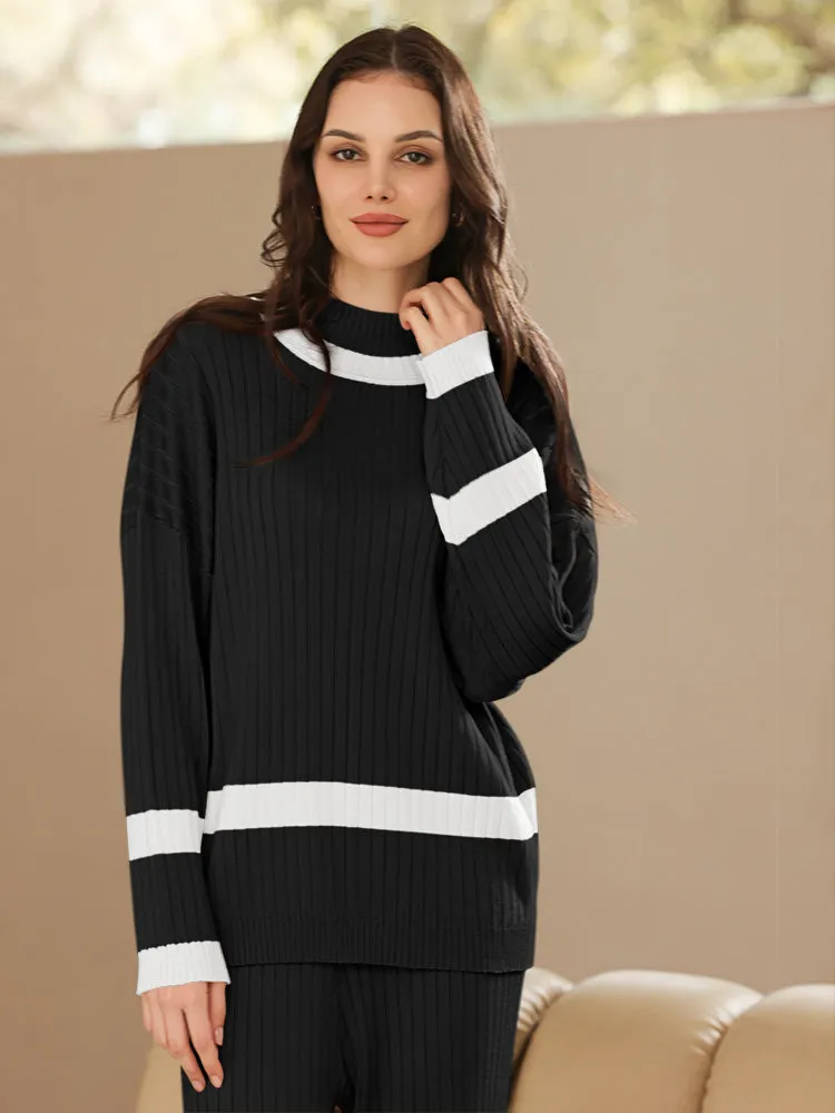 Women 2 Piece Knitted Outfits Stripe Casual Pajamas Sweatsuit