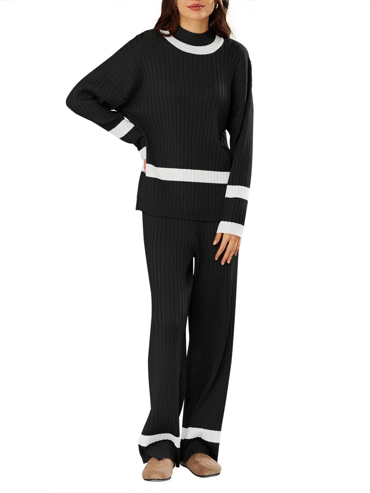 Women 2 Piece Knitted Outfits Stripe Casual Pajamas Sweatsuit