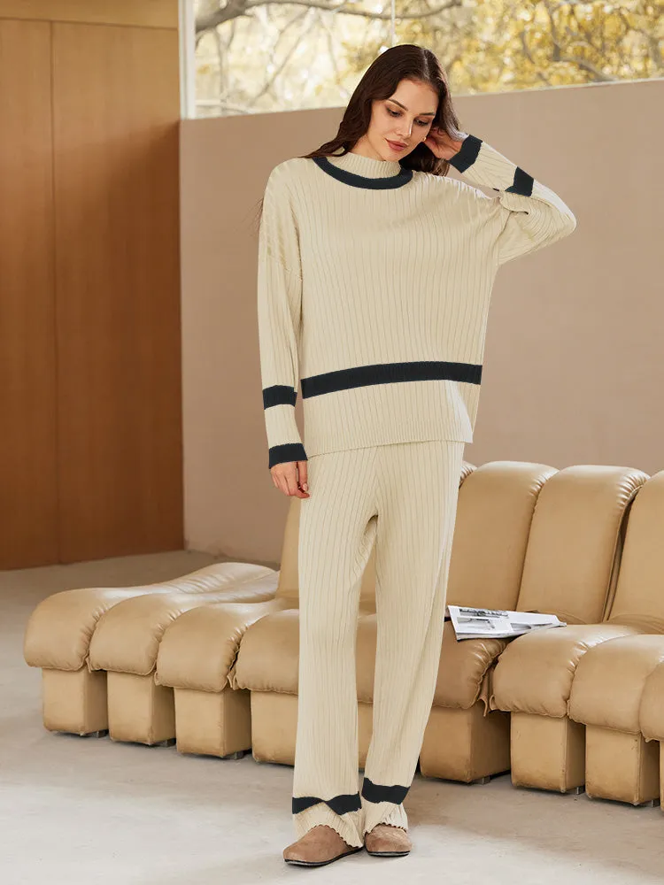 Women 2 Piece Knitted Outfits Stripe Casual Pajamas Sweatsuit