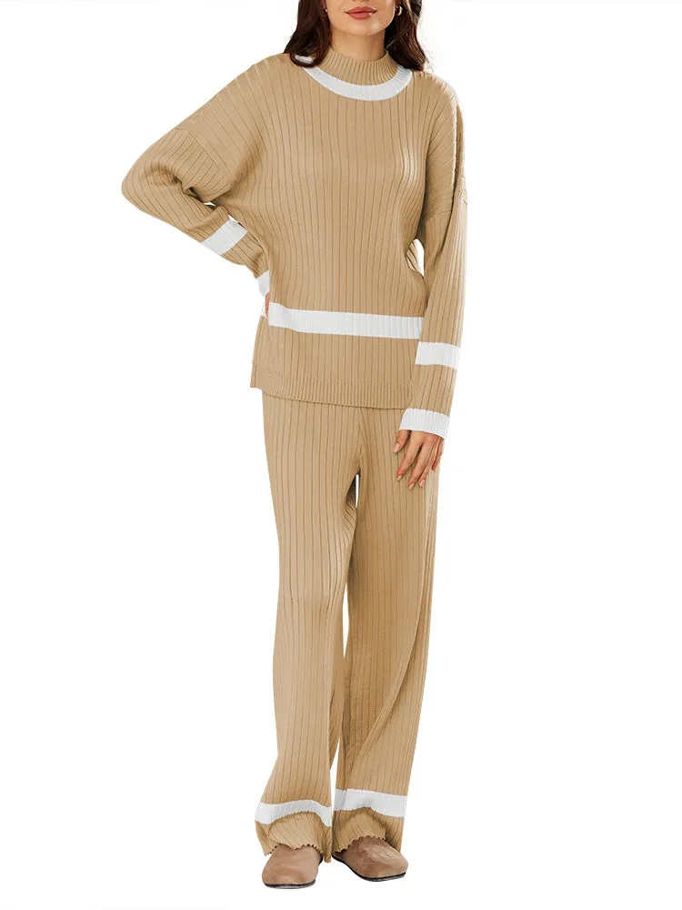 Women 2 Piece Knitted Outfits Stripe Casual Pajamas Sweatsuit