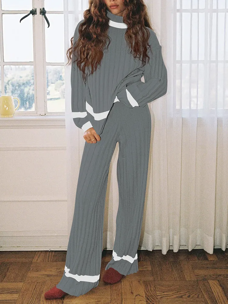 Women 2 Piece Knitted Outfits Stripe Casual Pajamas Sweatsuit