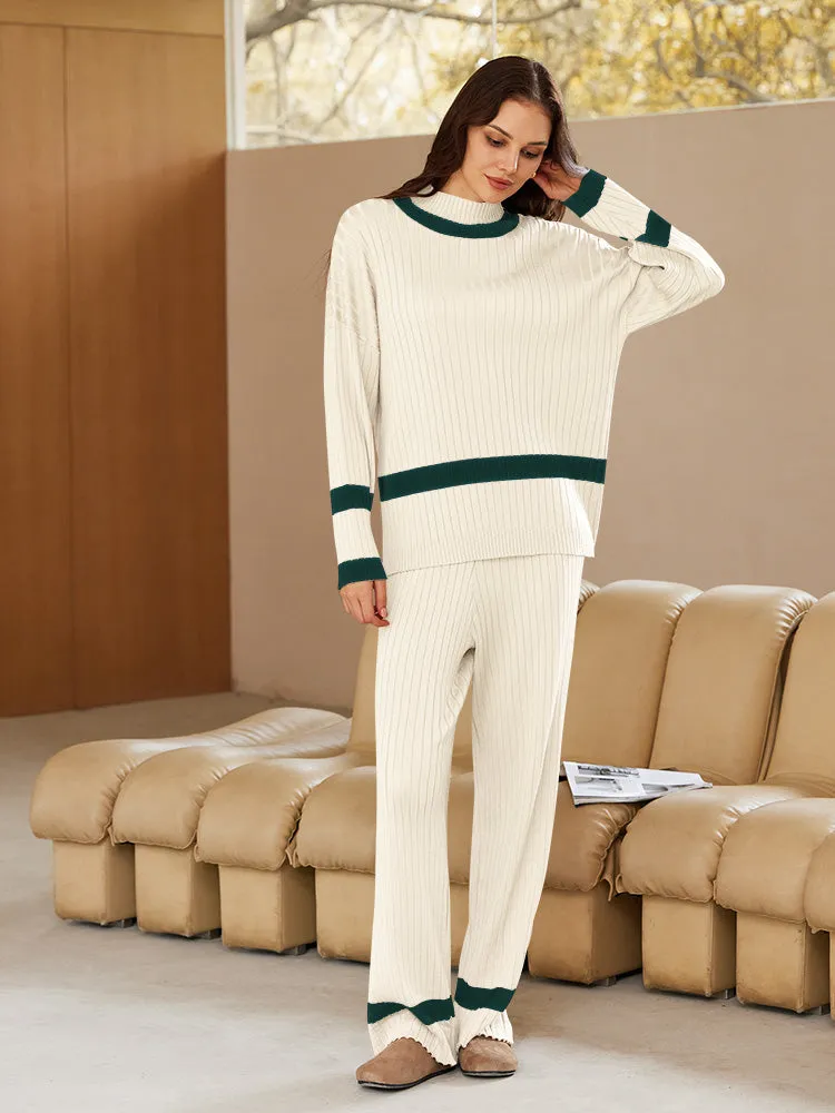 Women 2 Piece Knitted Outfits Stripe Casual Pajamas Sweatsuit