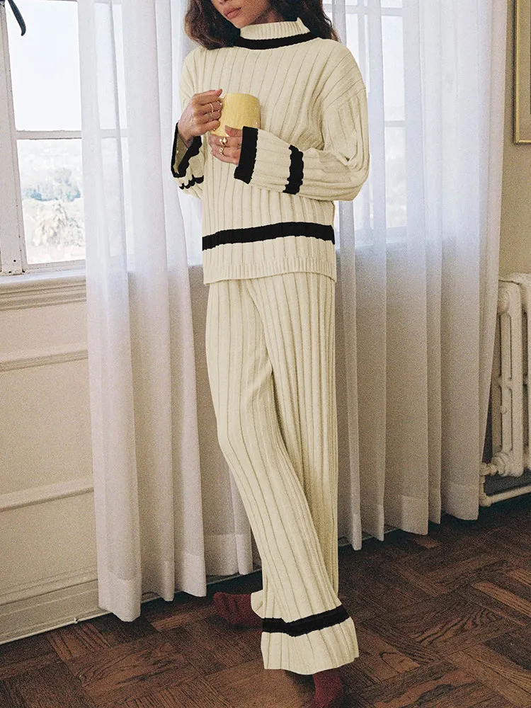 Women 2 Piece Knitted Outfits Stripe Casual Pajamas Sweatsuit