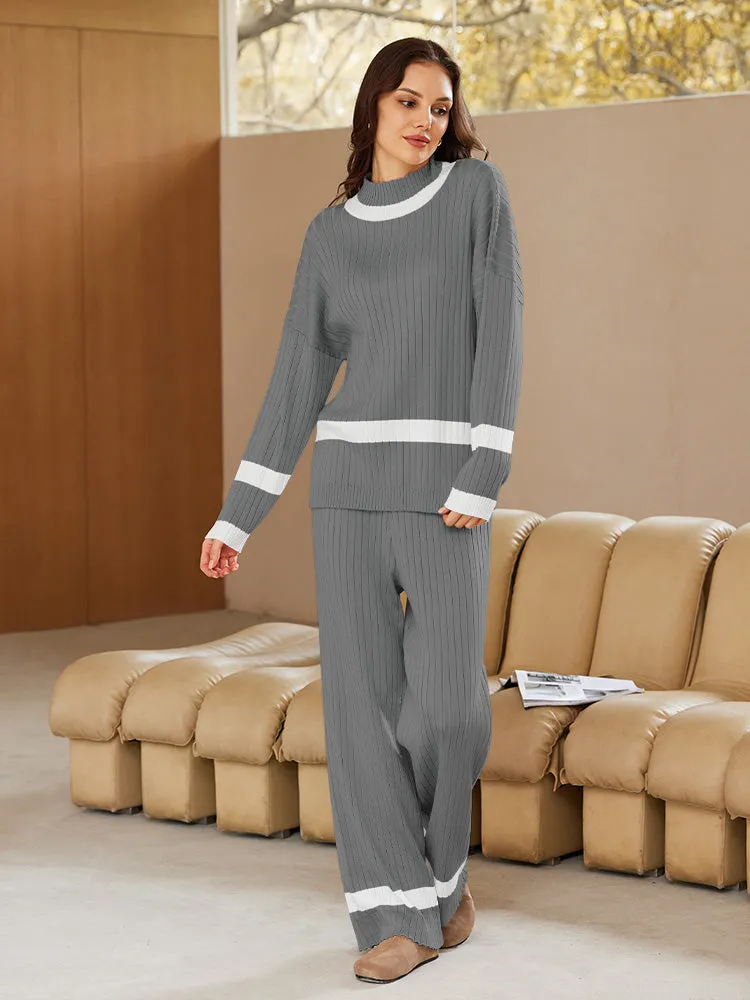 Women 2 Piece Knitted Outfits Stripe Casual Pajamas Sweatsuit