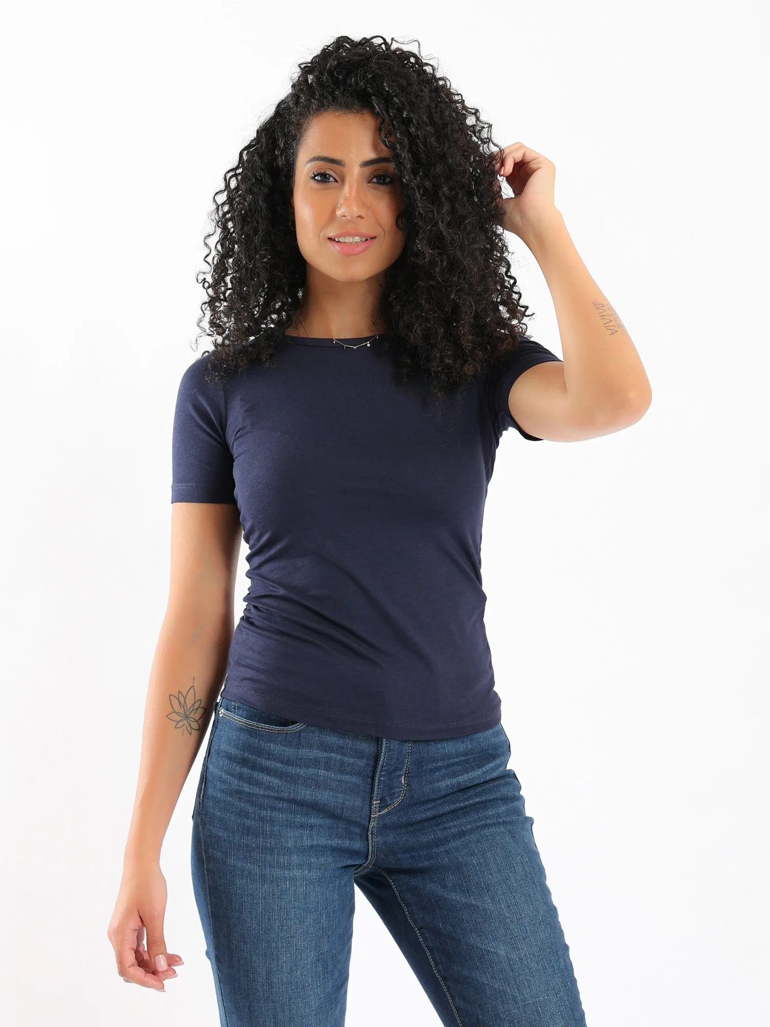 Women Basic Shirt, Short Sleeve - Navy Blue