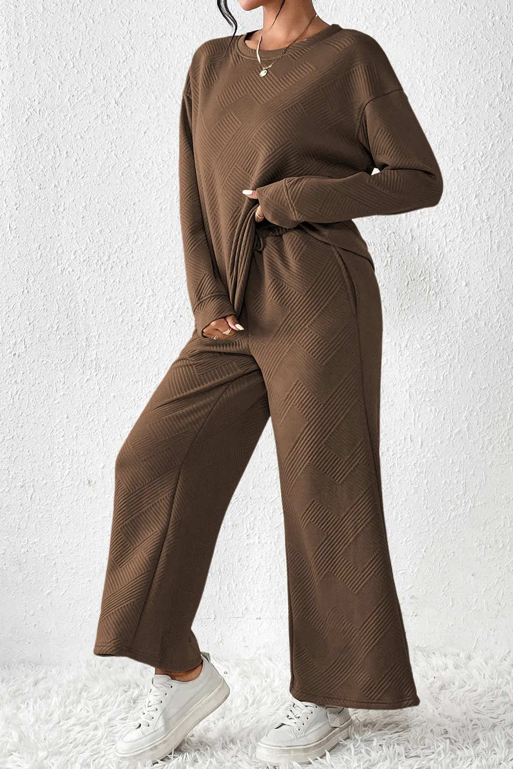 Women's 2 Piece Outfits Sweatsuit Casual Long Sleeve Pullover Tops and Drawstring Wide Leg Pants Lounge Sets