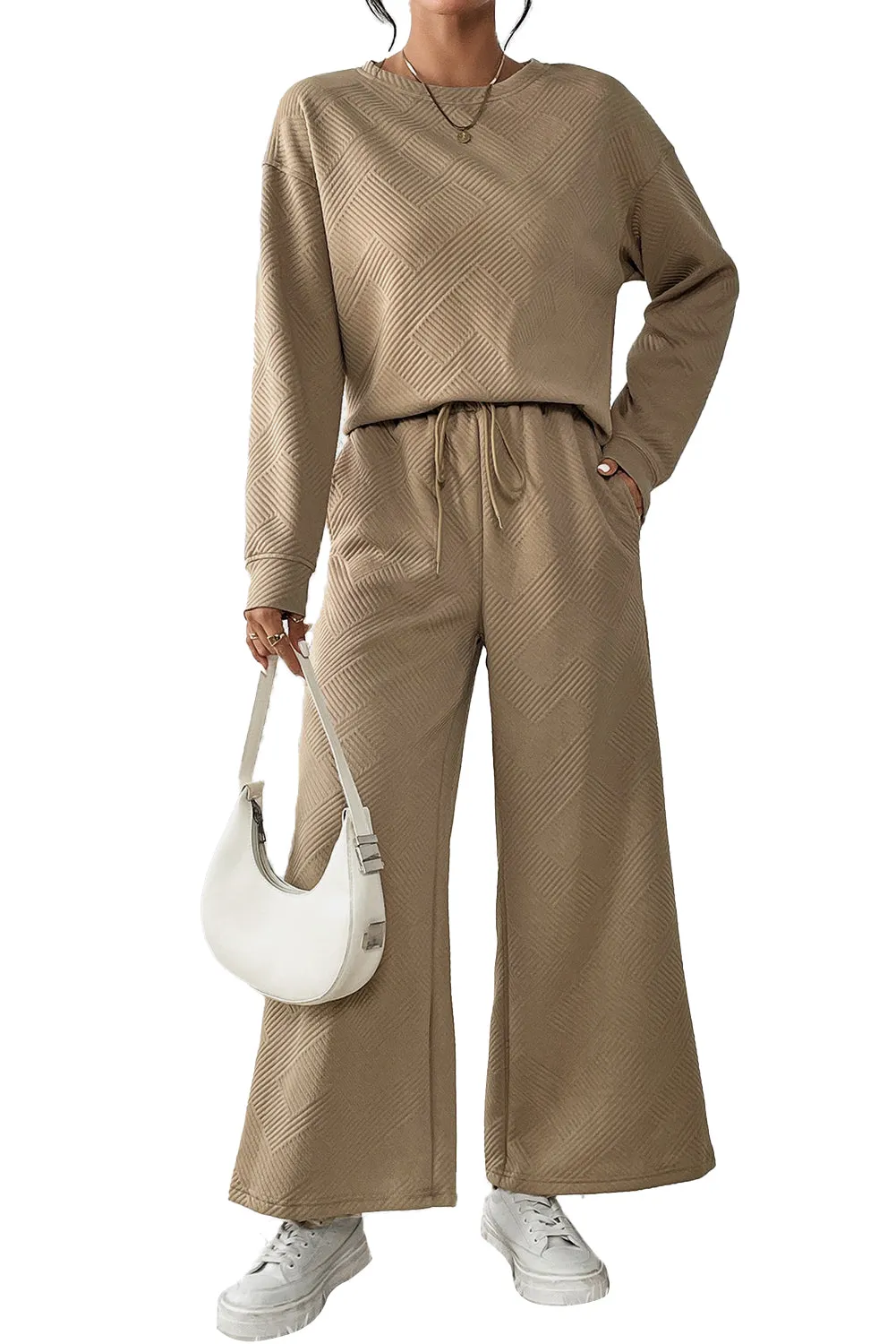 Women's 2 Piece Outfits Sweatsuit Casual Long Sleeve Pullover Tops and Drawstring Wide Leg Pants Lounge Sets