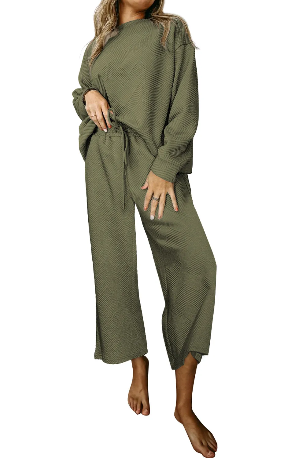 Women's 2 Piece Outfits Sweatsuit Casual Long Sleeve Pullover Tops and Drawstring Wide Leg Pants Lounge Sets