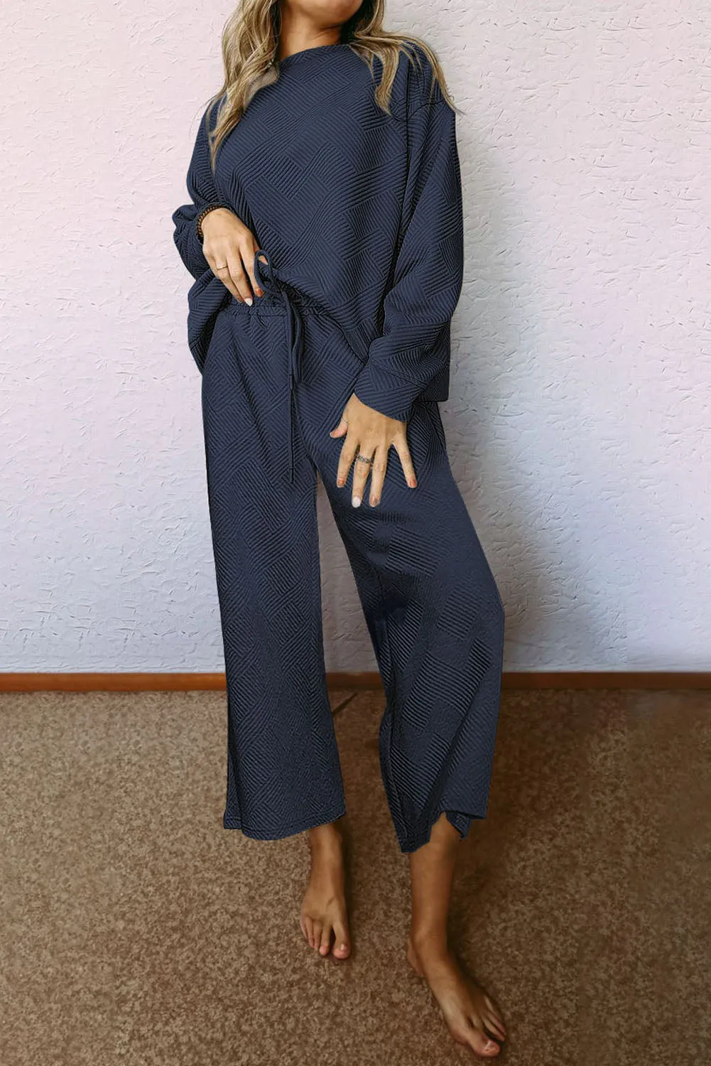 Women's 2 Piece Outfits Sweatsuit Casual Long Sleeve Pullover Tops and Drawstring Wide Leg Pants Lounge Sets