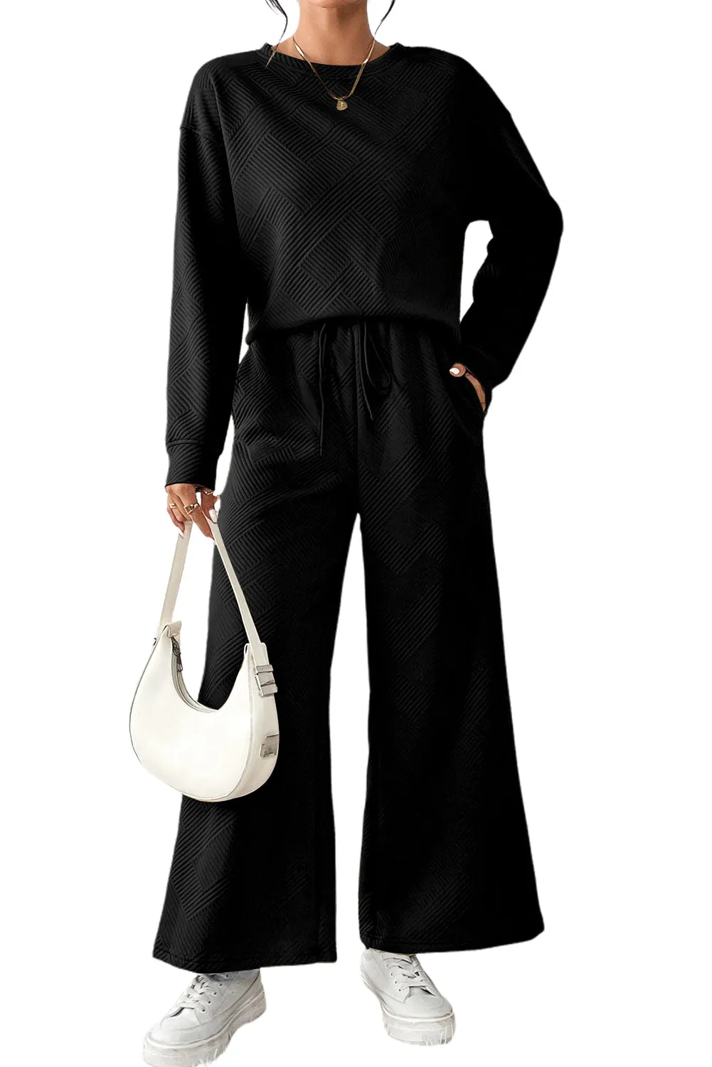 Women's 2 Piece Outfits Sweatsuit Casual Long Sleeve Pullover Tops and Drawstring Wide Leg Pants Lounge Sets