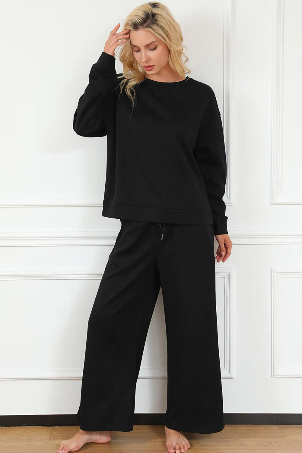 Women's 2 Piece Outfits Sweatsuit Casual Long Sleeve Pullover Tops and Drawstring Wide Leg Pants Lounge Sets