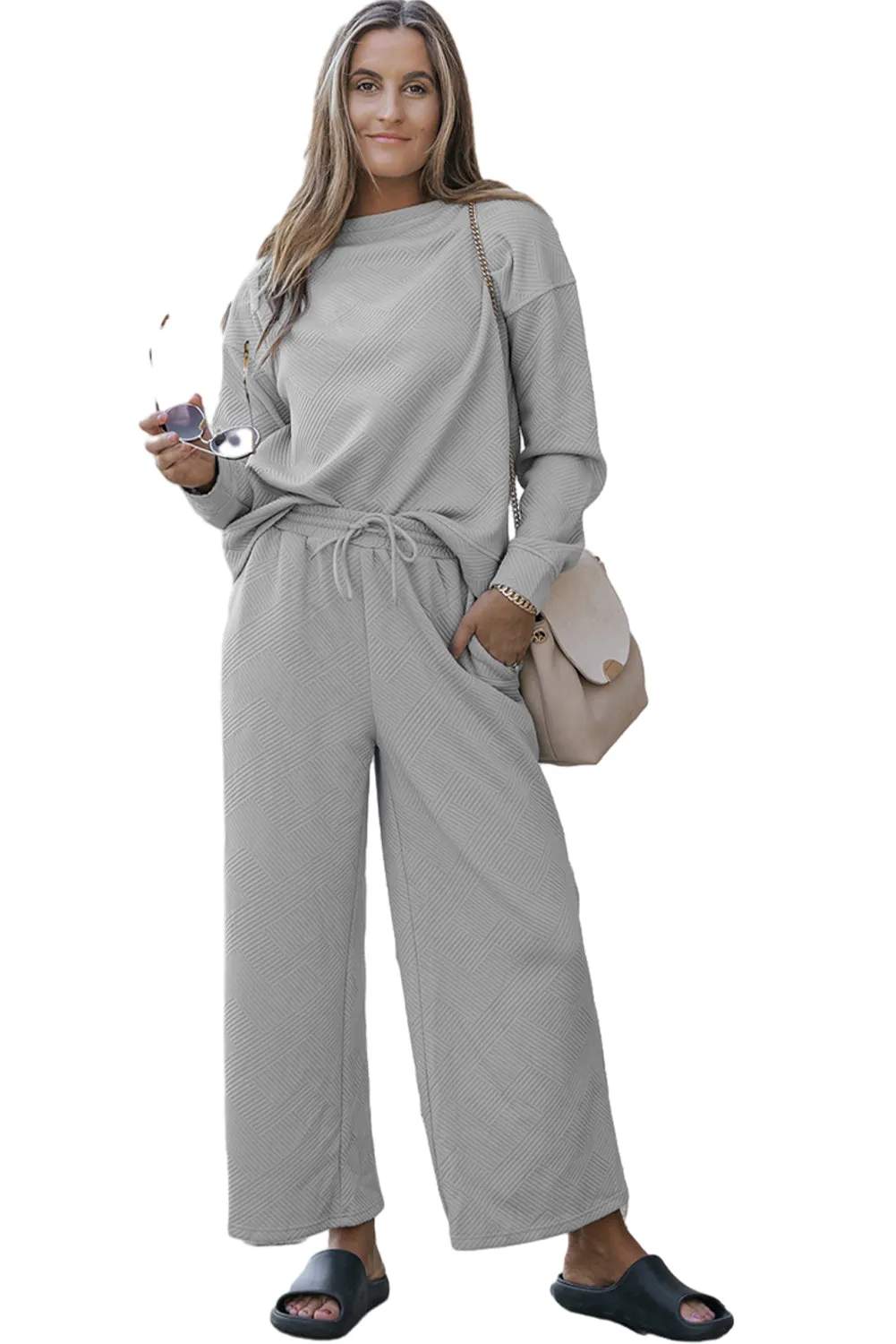 Women's 2 Piece Outfits Sweatsuit Casual Long Sleeve Pullover Tops and Drawstring Wide Leg Pants Lounge Sets