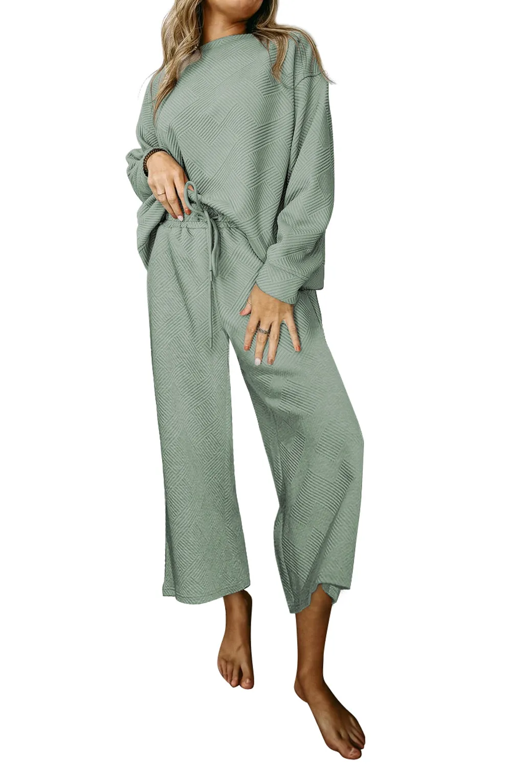 Women's 2 Piece Outfits Sweatsuit Casual Long Sleeve Pullover Tops and Drawstring Wide Leg Pants Lounge Sets