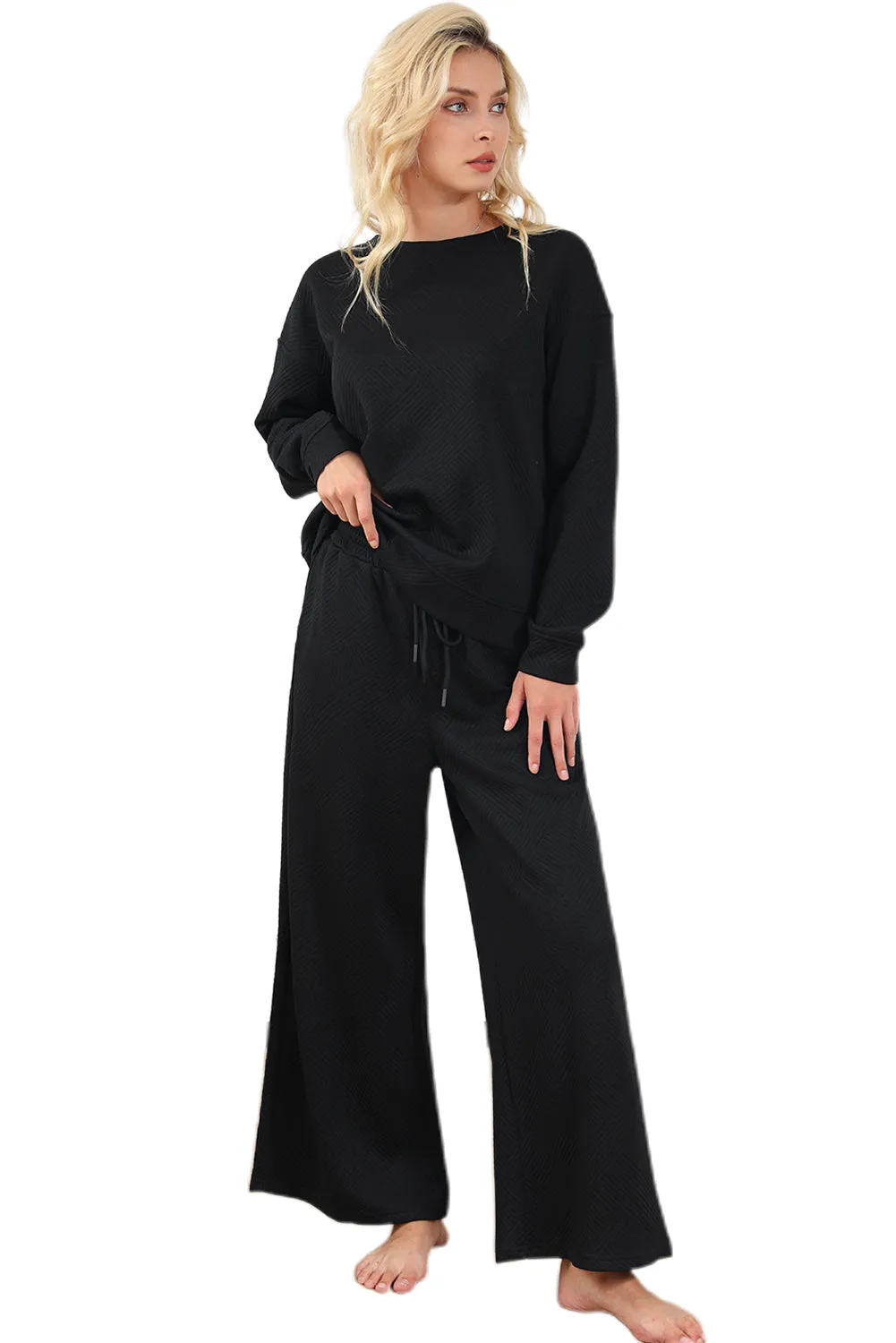 Women's 2 Piece Outfits Sweatsuit Casual Long Sleeve Pullover Tops and Drawstring Wide Leg Pants Lounge Sets