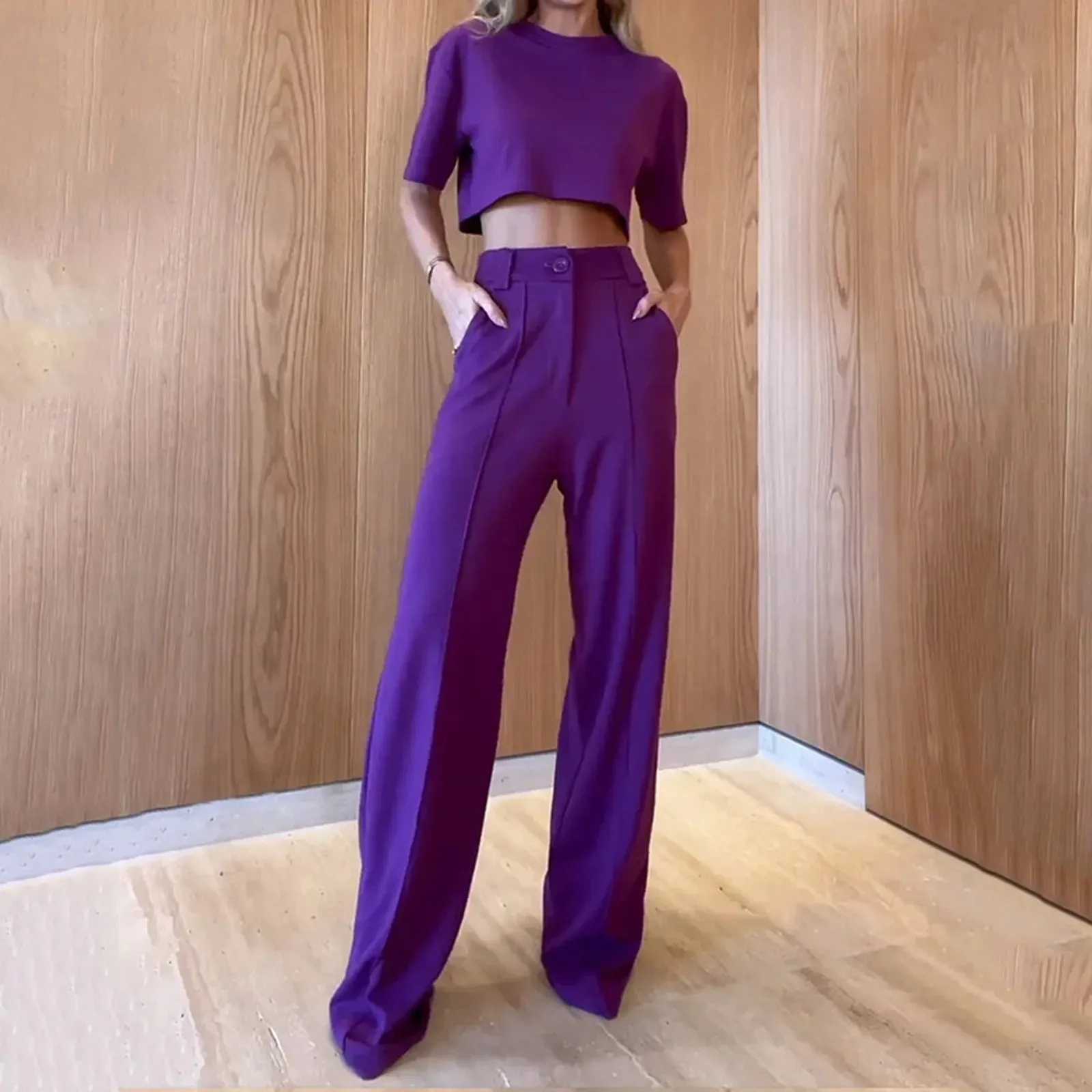 Women's Crop Top Blazer Fashion Solid Short Sleeve Long Pants Summer High Waist Elegant Set