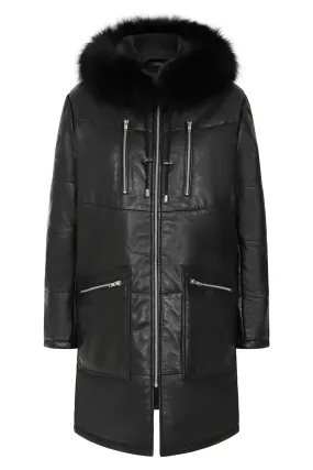 Womens Leather ¾ Length Coat with Fur Trimmed Hood - Elegance Meets Comfort - MARIA