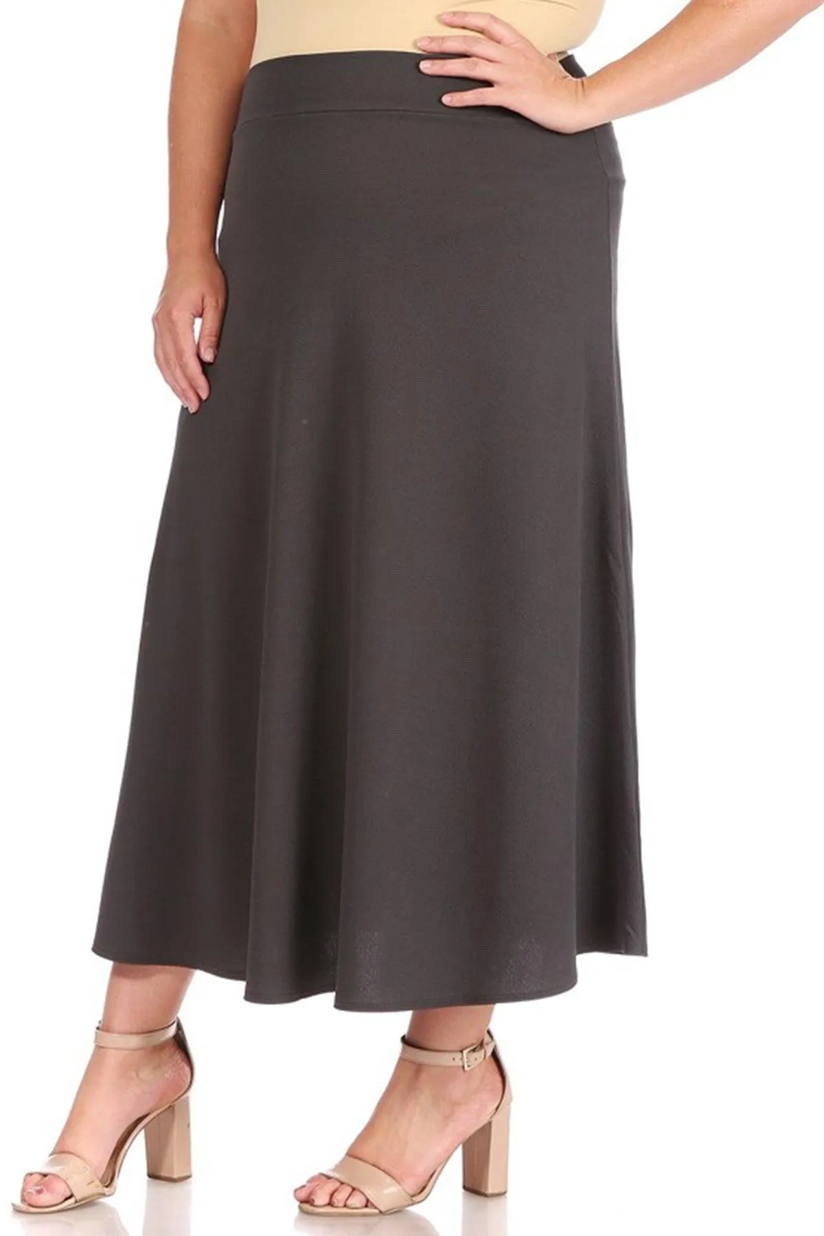 Women's Plus Size Solid  Flare A-line Midi Skirt with Elastic Waistband