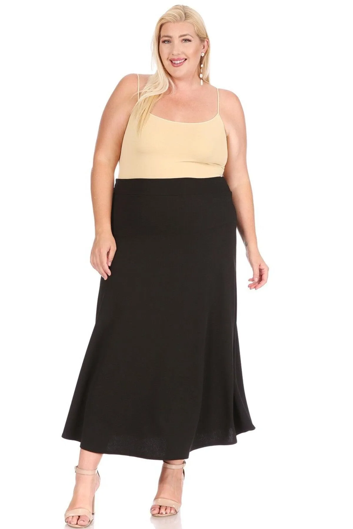 Women's Plus Size Solid  Flare A-line Midi Skirt with Elastic Waistband