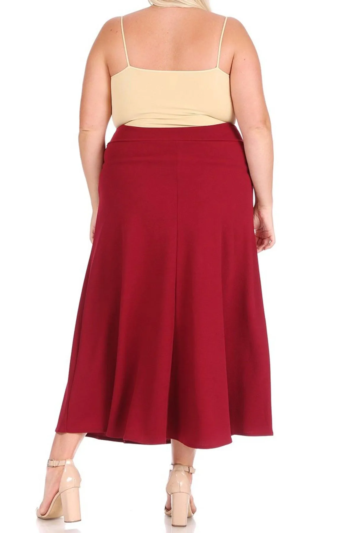 Women's Plus Size Solid  Flare A-line Midi Skirt with Elastic Waistband