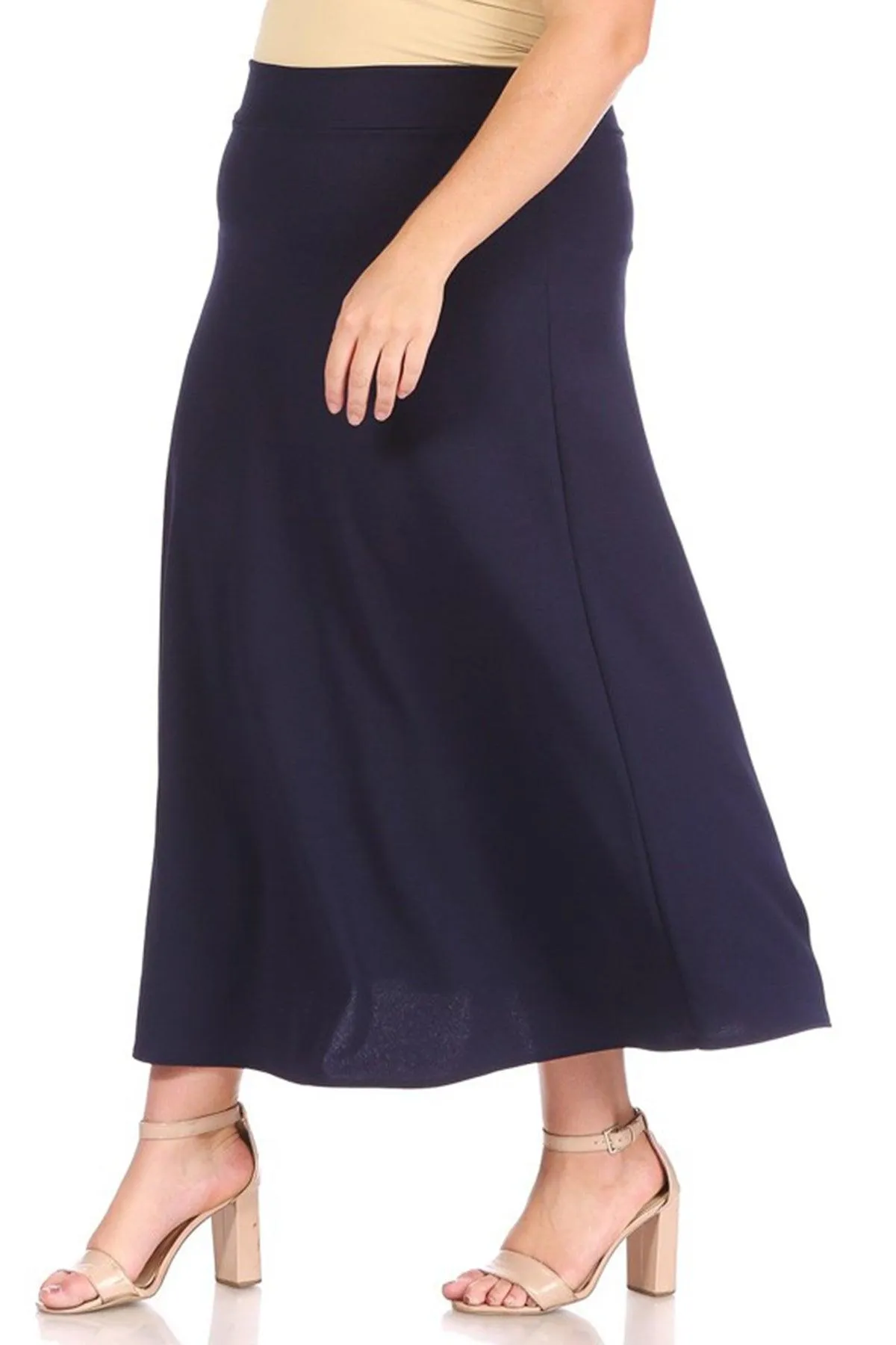 Women's Plus Size Solid  Flare A-line Midi Skirt with Elastic Waistband