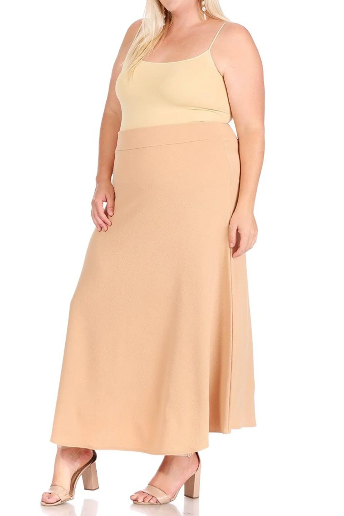 Women's Plus Size Solid  Flare A-line Midi Skirt with Elastic Waistband