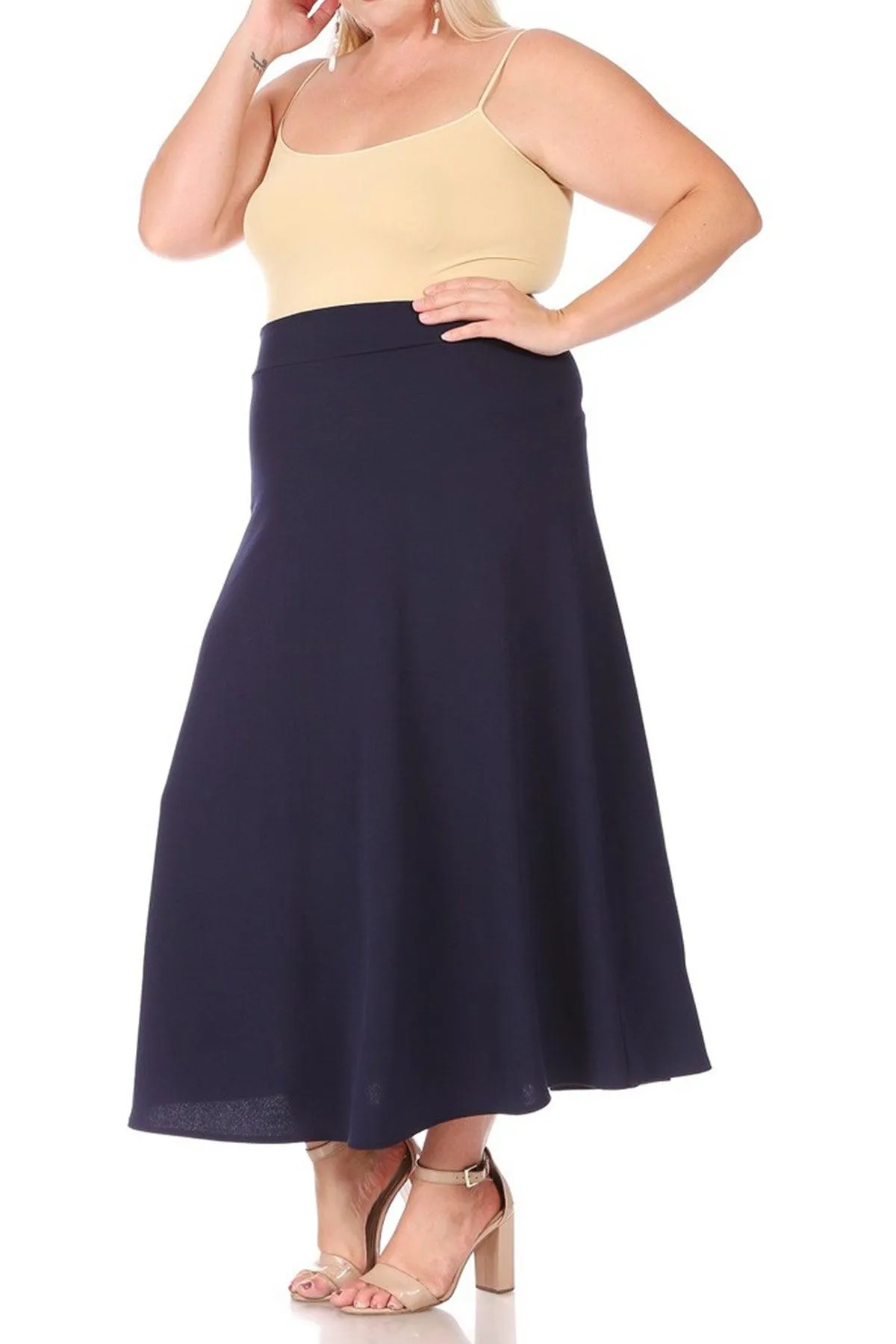 Women's Plus Size Solid  Flare A-line Midi Skirt with Elastic Waistband