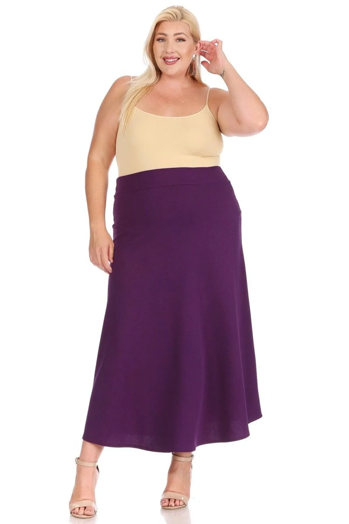 Women's Plus Size Solid  Flare A-line Midi Skirt with Elastic Waistband