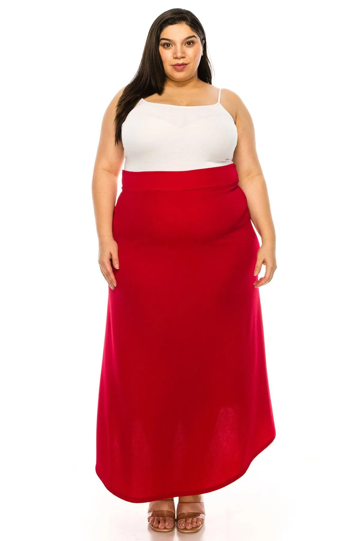 Women's Plus Size Solid  Flare A-line Midi Skirt with Elastic Waistband