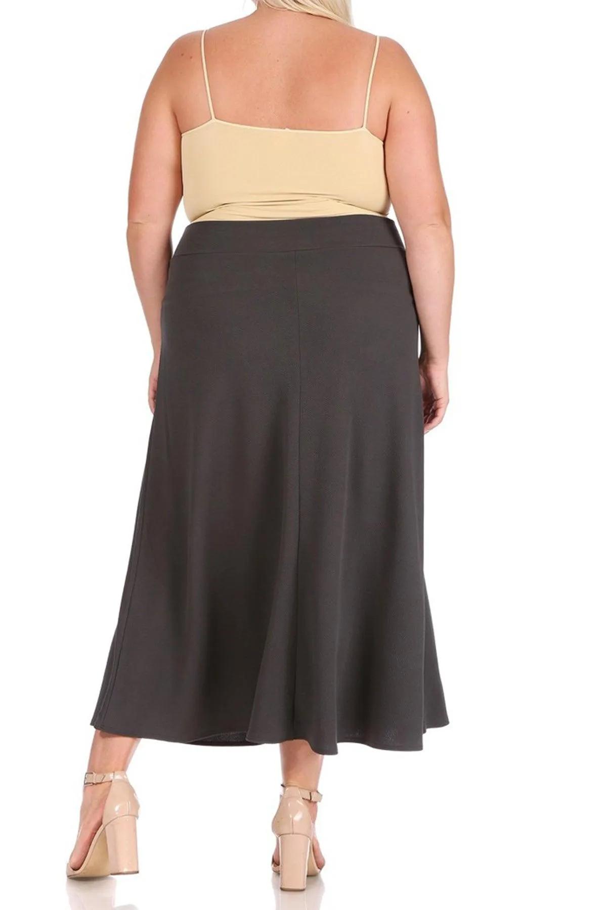 Women's Plus Size Solid  Flare A-line Midi Skirt with Elastic Waistband