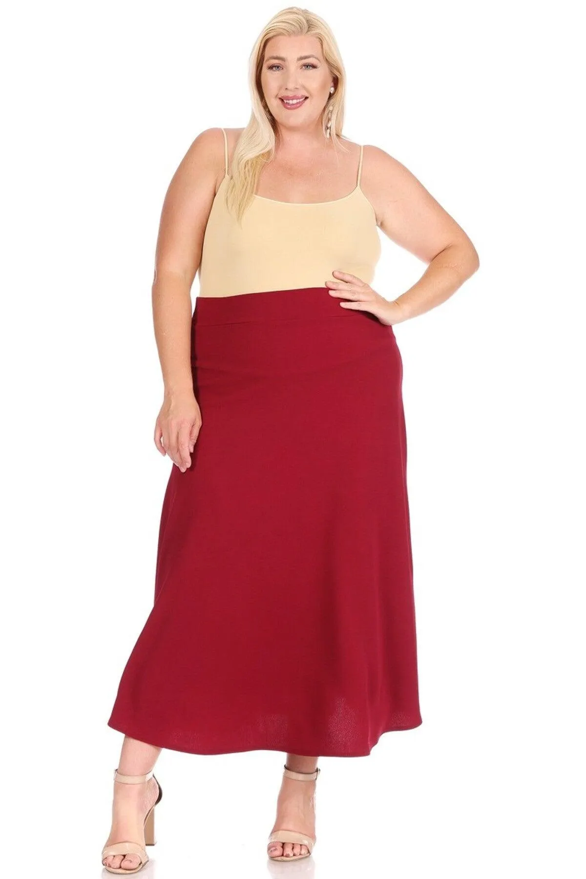 Women's Plus Size Solid  Flare A-line Midi Skirt with Elastic Waistband