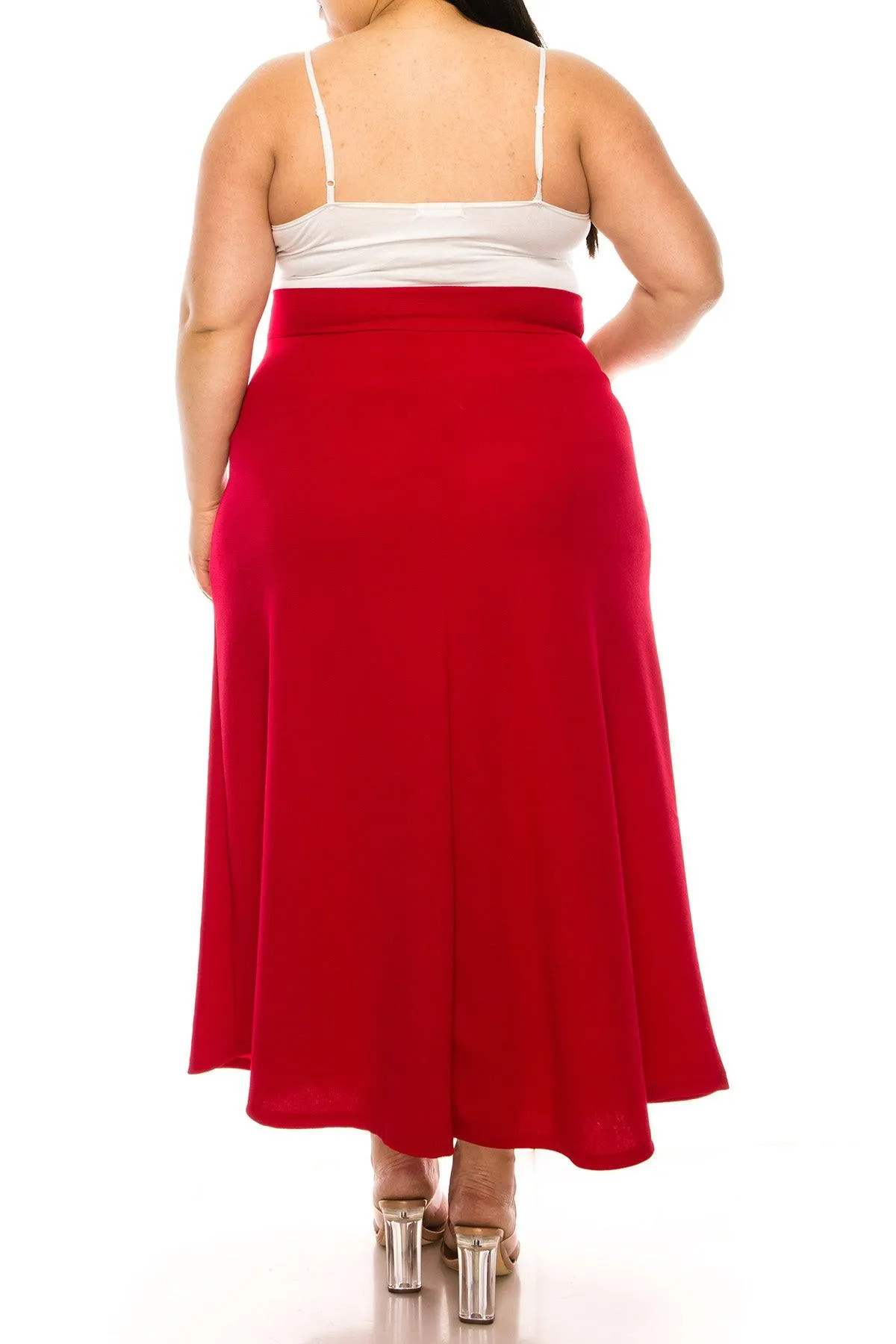 Women's Plus Size Solid  Flare A-line Midi Skirt with Elastic Waistband