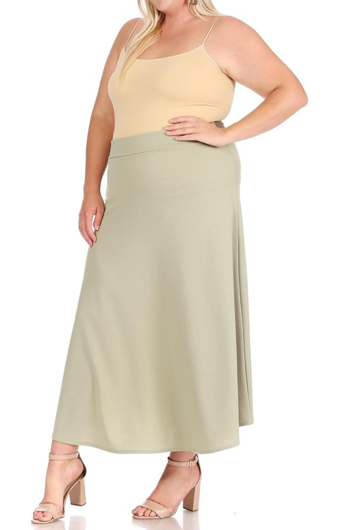 Women's Plus Size Solid  Flare A-line Midi Skirt with Elastic Waistband