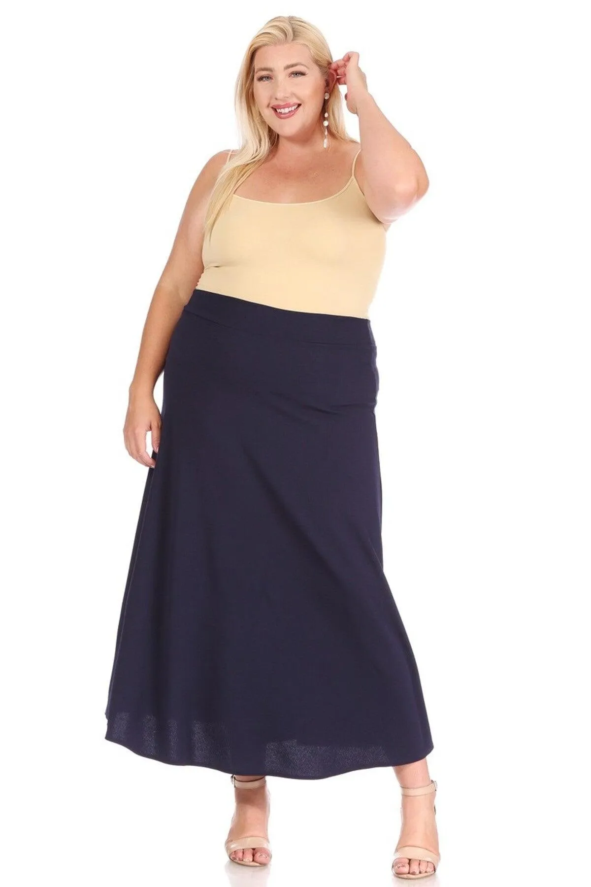 Women's Plus Size Solid  Flare A-line Midi Skirt with Elastic Waistband