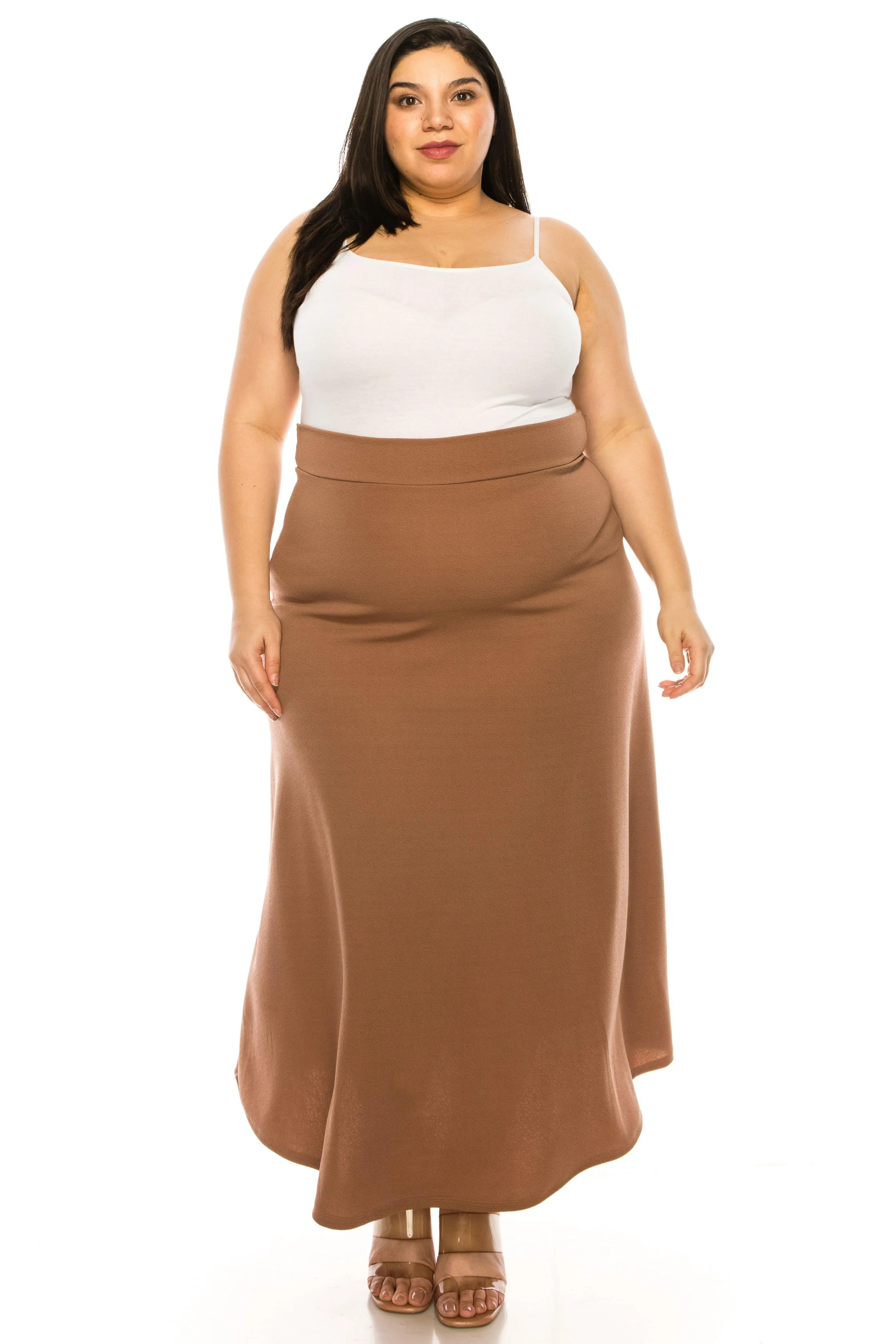 Women's Plus Size Solid  Flare A-line Midi Skirt with Elastic Waistband