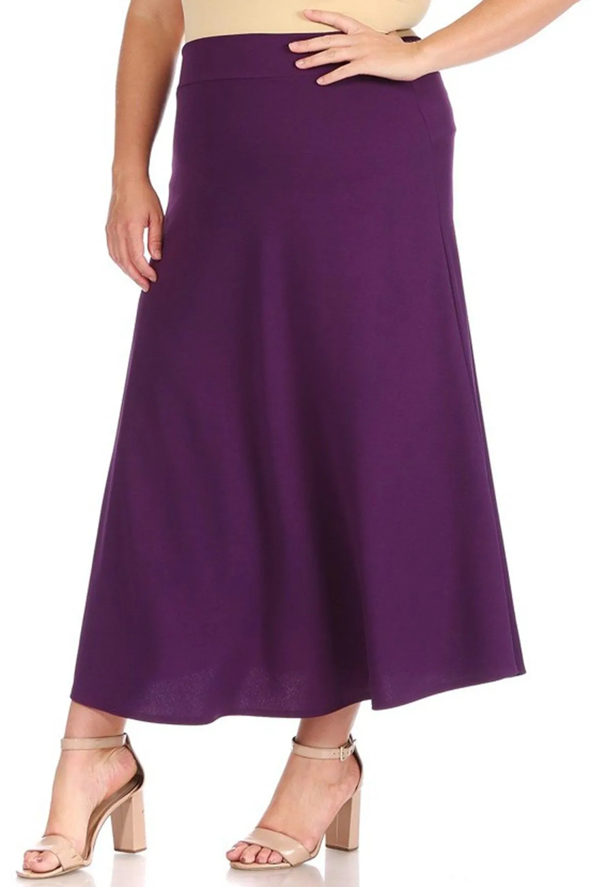 Women's Plus Size Solid  Flare A-line Midi Skirt with Elastic Waistband