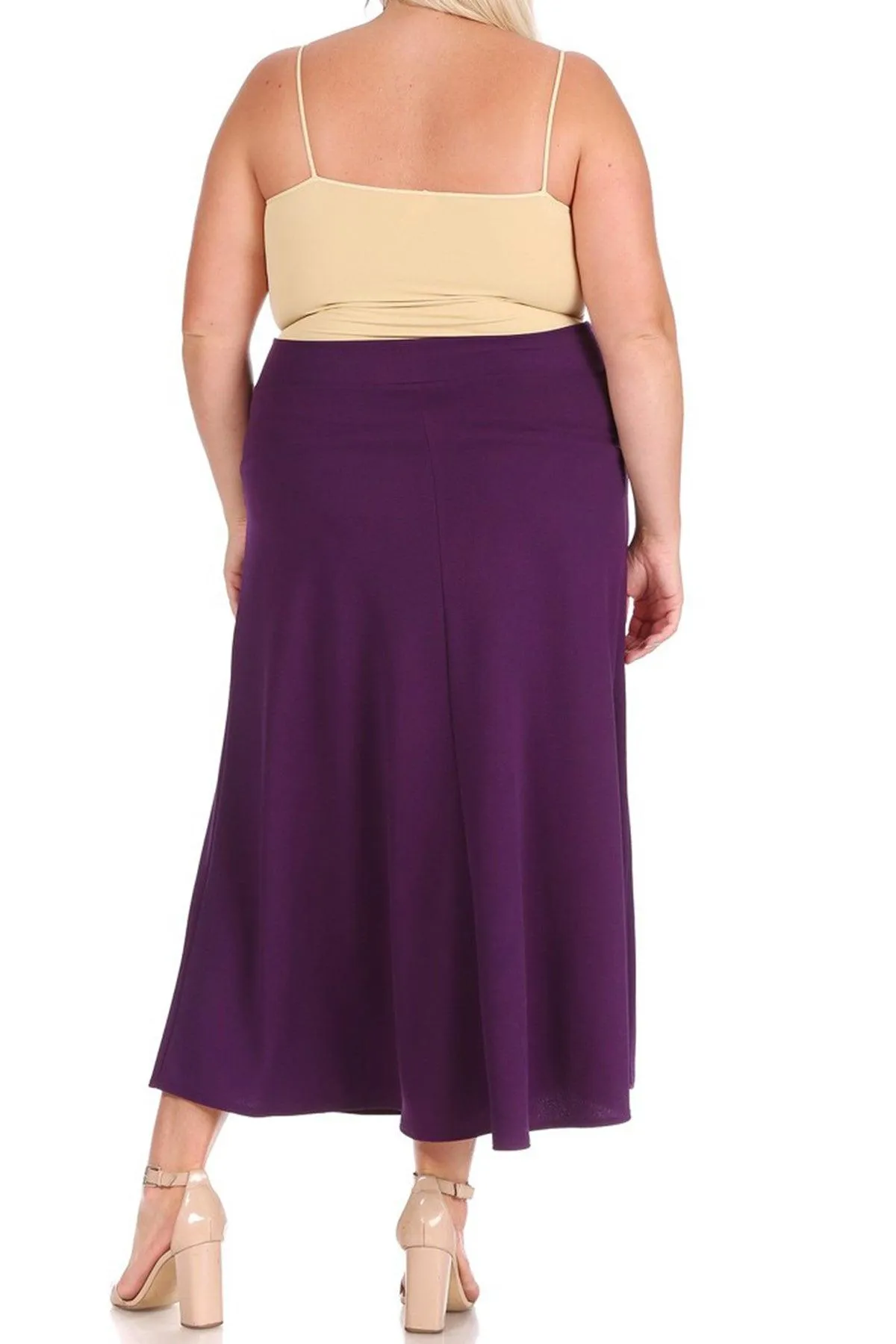 Women's Plus Size Solid  Flare A-line Midi Skirt with Elastic Waistband