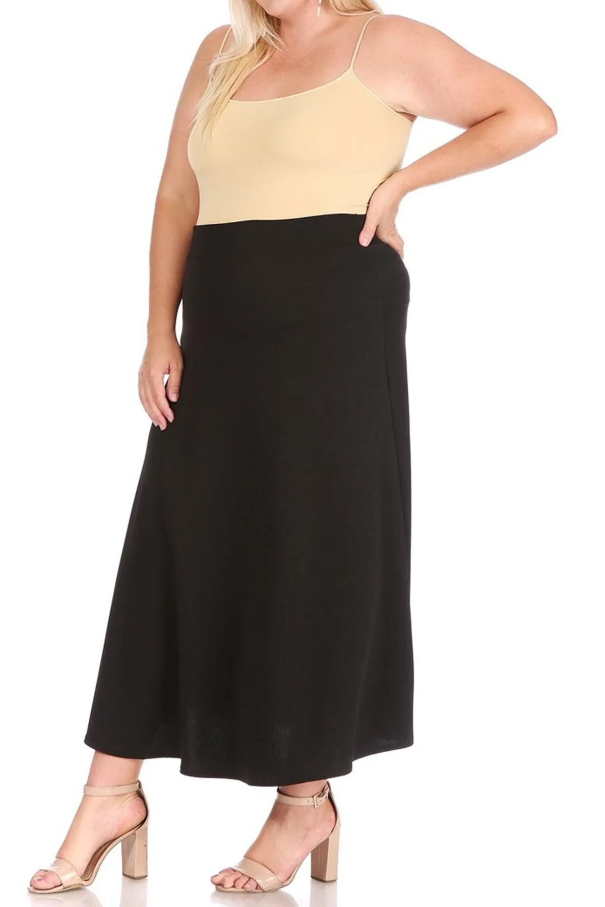 Women's Plus Size Solid  Flare A-line Midi Skirt with Elastic Waistband