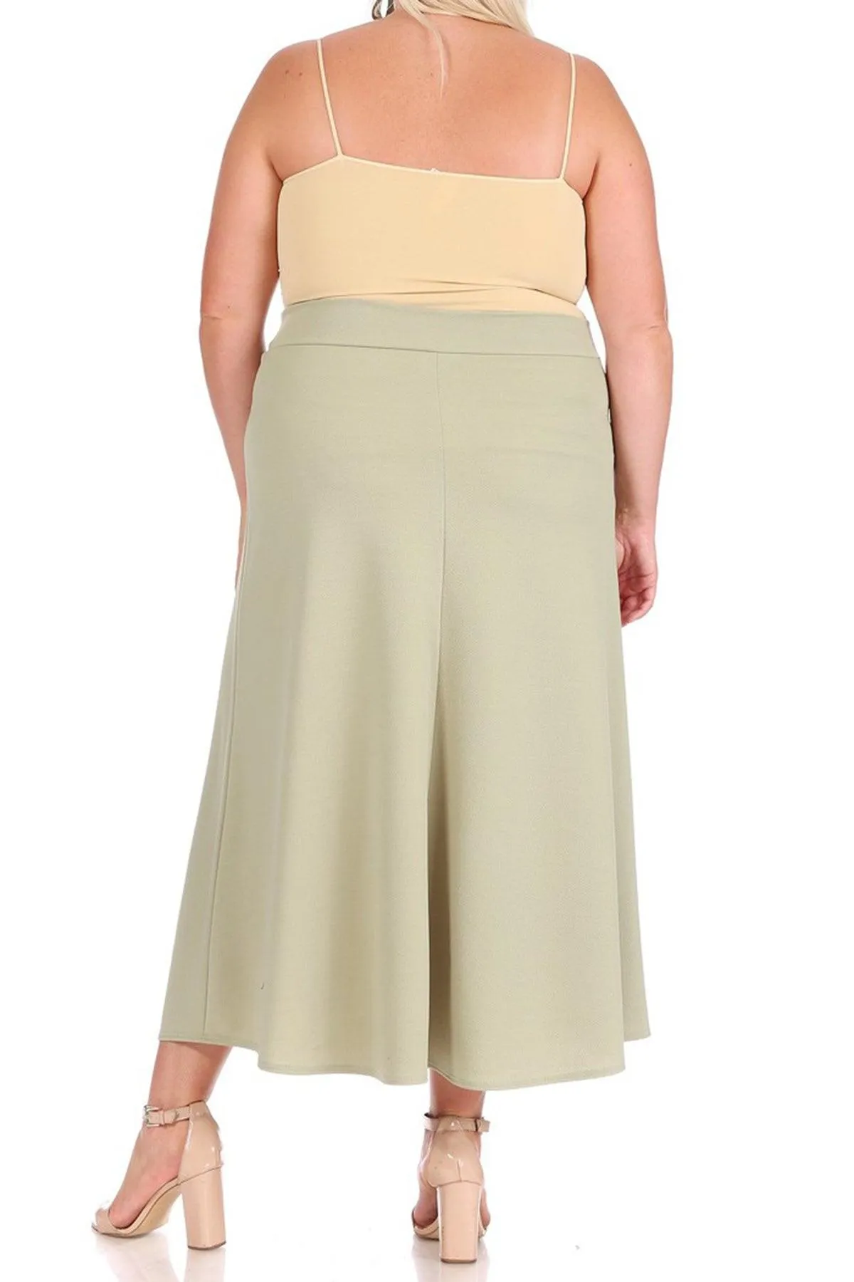 Women's Plus Size Solid  Flare A-line Midi Skirt with Elastic Waistband