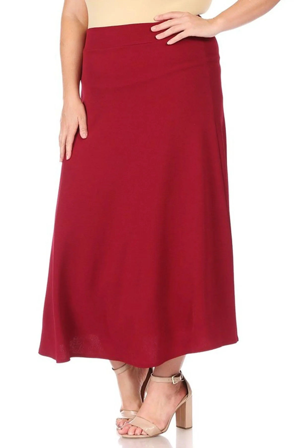 Women's Plus Size Solid  Flare A-line Midi Skirt with Elastic Waistband