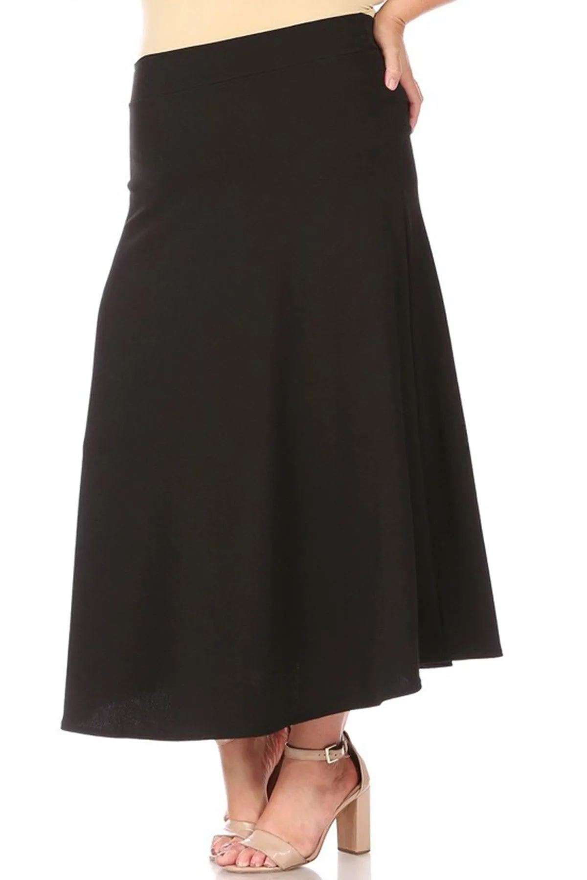 Women's Plus Size Solid  Flare A-line Midi Skirt with Elastic Waistband