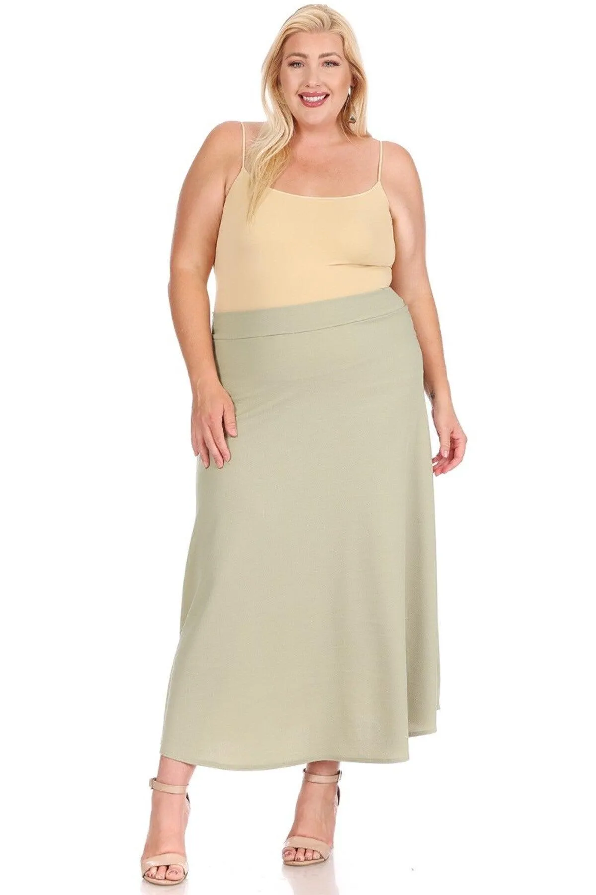 Women's Plus Size Solid  Flare A-line Midi Skirt with Elastic Waistband