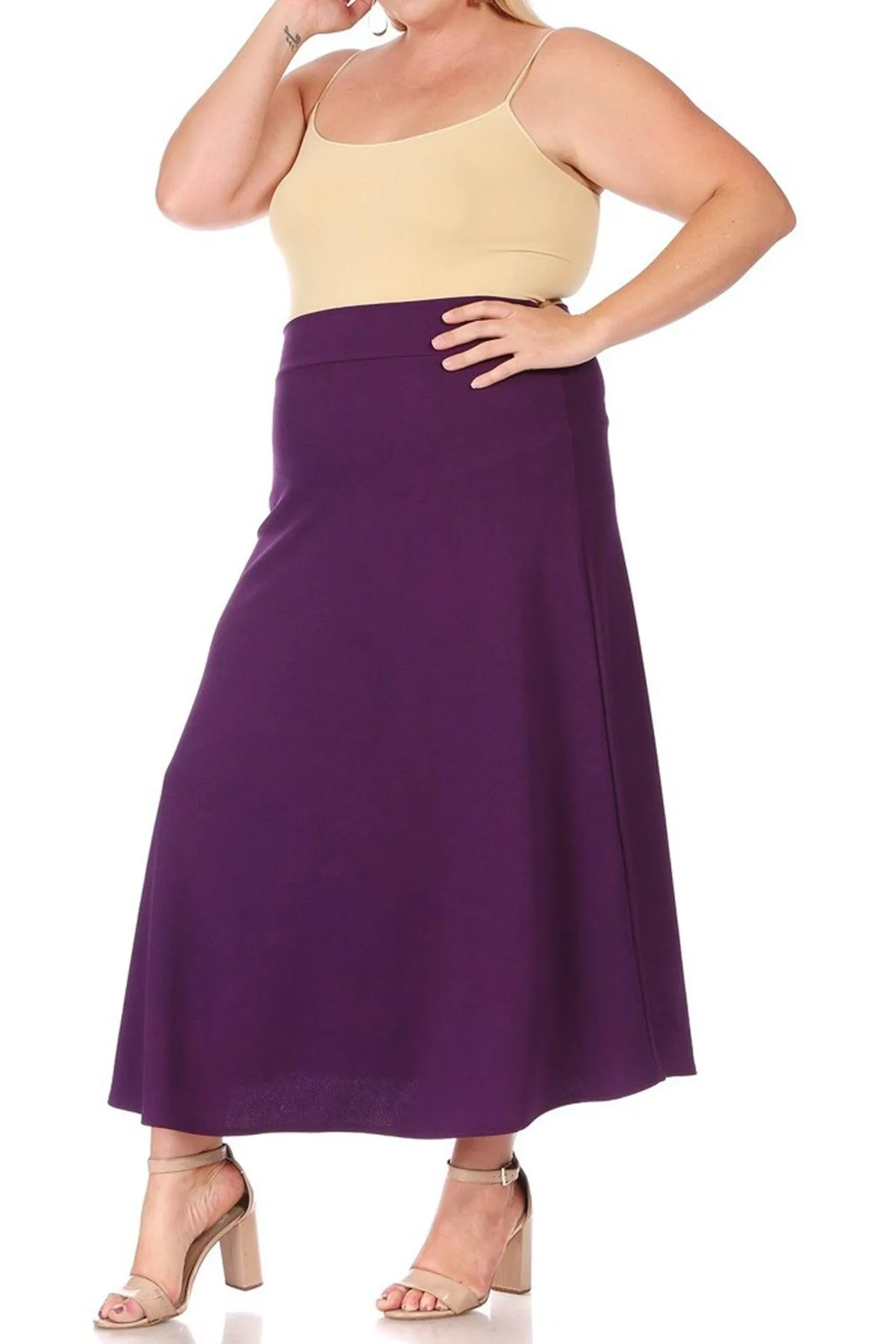 Women's Plus Size Solid  Flare A-line Midi Skirt with Elastic Waistband