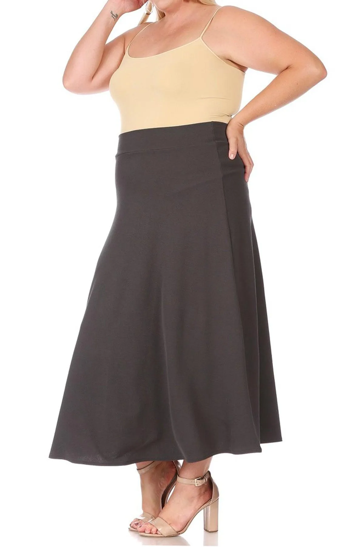 Women's Plus Size Solid  Flare A-line Midi Skirt with Elastic Waistband