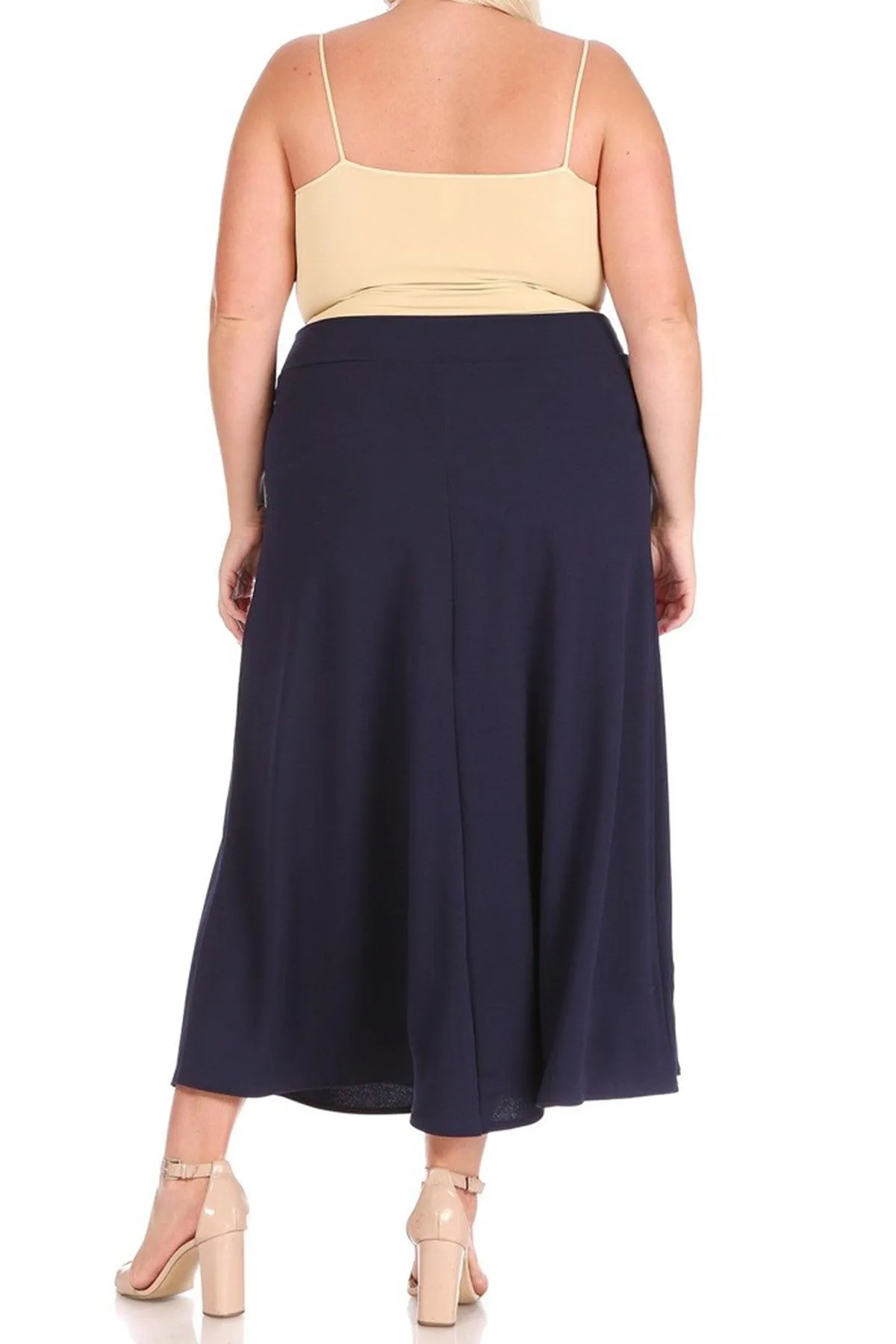 Women's Plus Size Solid  Flare A-line Midi Skirt with Elastic Waistband