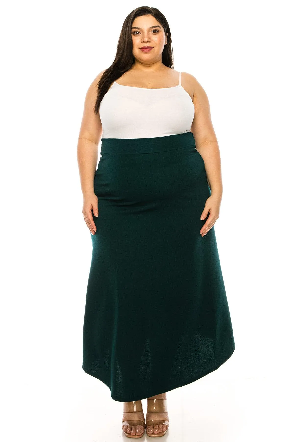 Women's Plus Size Solid  Flare A-line Midi Skirt with Elastic Waistband