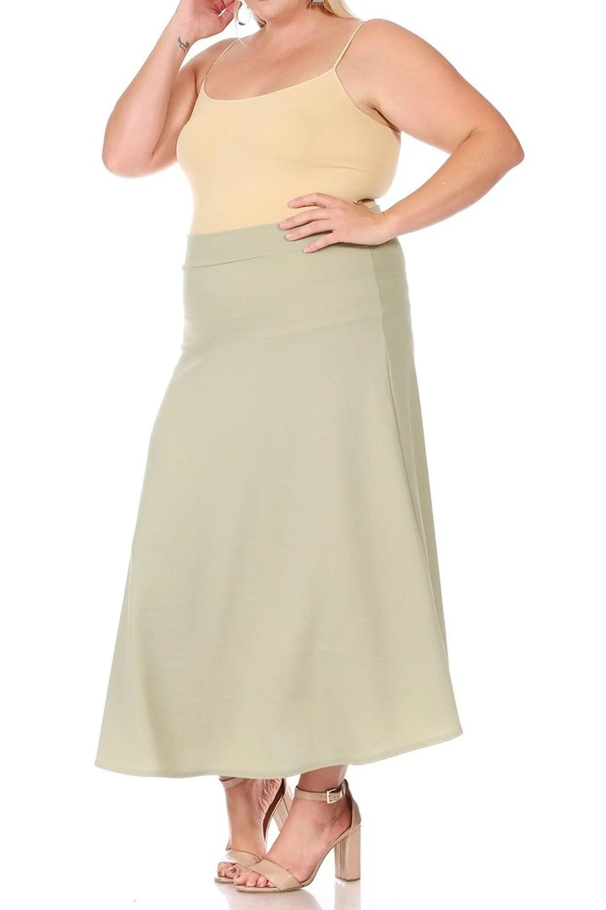 Women's Plus Size Solid  Flare A-line Midi Skirt with Elastic Waistband