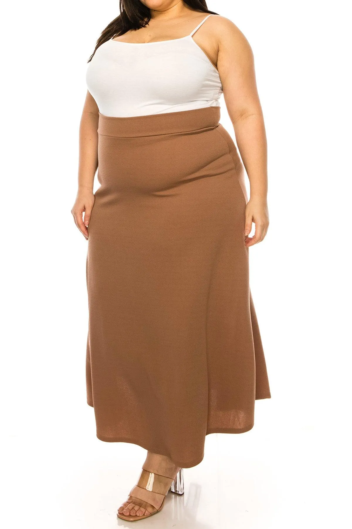 Women's Plus Size Solid  Flare A-line Midi Skirt with Elastic Waistband