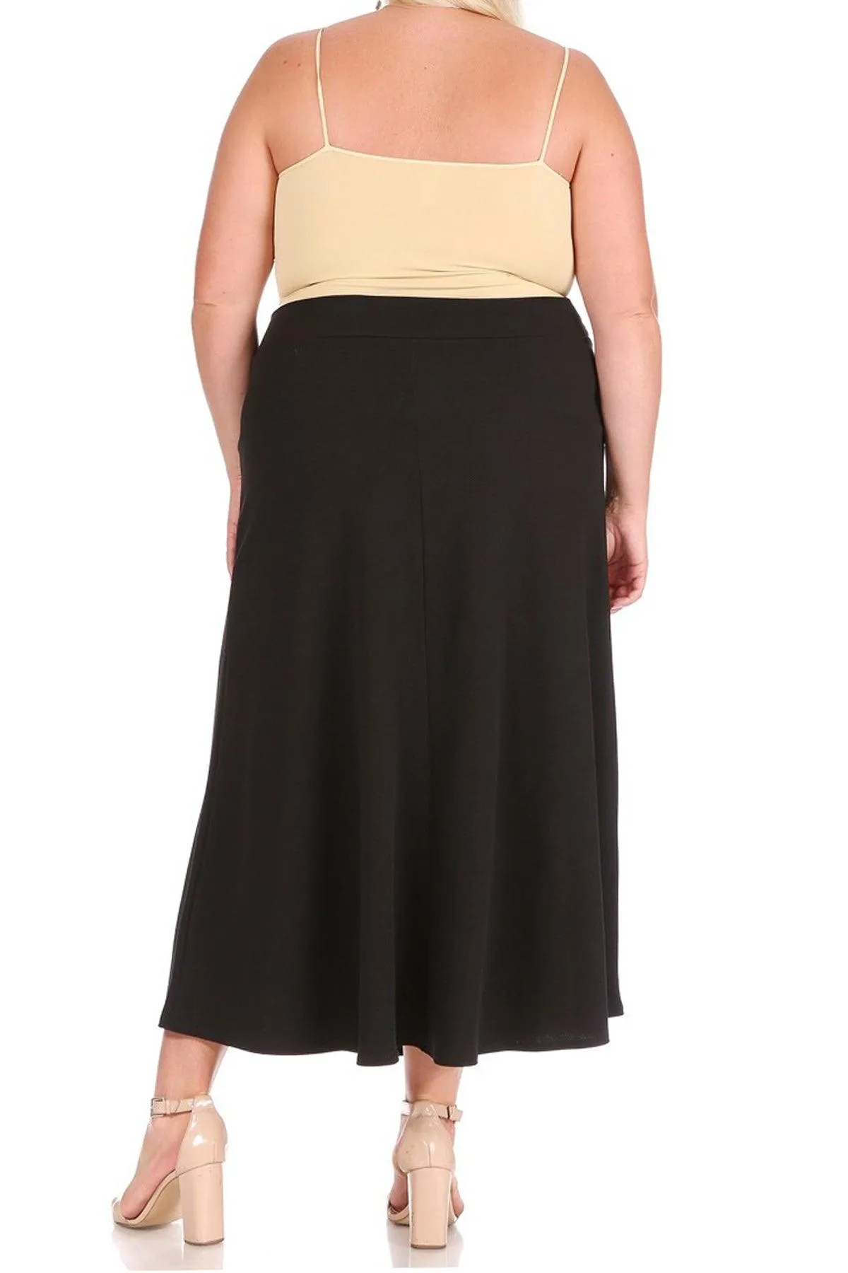 Women's Plus Size Solid  Flare A-line Midi Skirt with Elastic Waistband